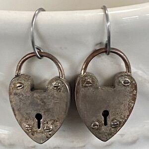 Fossil Heart PadLock Keyhole Earrings Vintage Edgy Antiqued Edgy